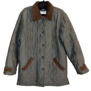 Vintage Gray Quilted Barn Coat Brown Corduroy Collar Preppy Equestrian‎ Sz Large